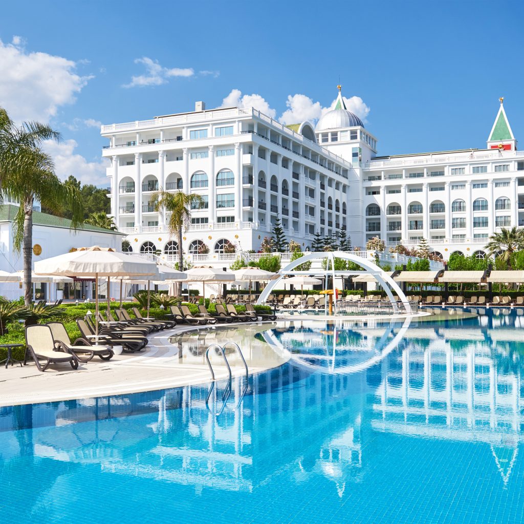 The popular resort Amara Dolce Vita Luxury Hotel. With pools and water parks and recreational area along the sea coast in Turkey. Tekirova-Kemer.