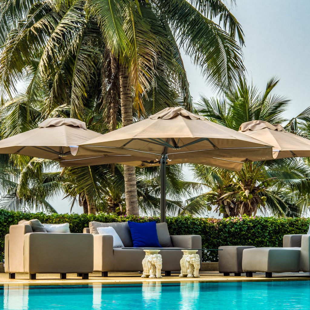 Outdoor furniture with cushions and pillows