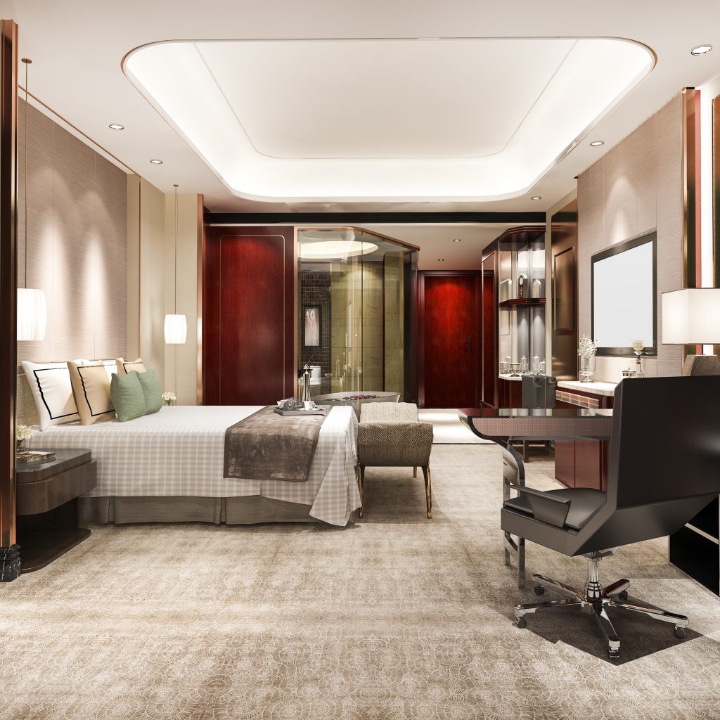 3d rendering red luxury bedroom suite in resort high rise hotel with working table